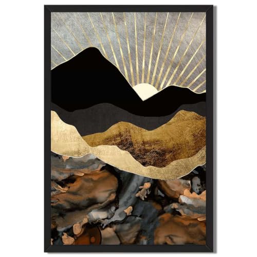 Black Framed Abstract Gold Mountain Sun Retro Poster�� Canvas Print Art�� Modern Minimalist Aesthetic Wall Art Painting Pictures Wall Decor�� Elegant Home Decor�� Living Room (Black frame,24''L*36''W) - size: 24''L*36''W