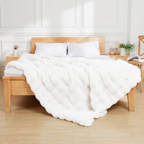 Latepis Faux Fur White Blanket Cozy Thick Bubble Throw for Couch Sofa Bedroom Furry Soft Warm Luxury Twin Blanket for Bed 60x80 Inch, 860gsm - color: White, size: Twin-60''*80''