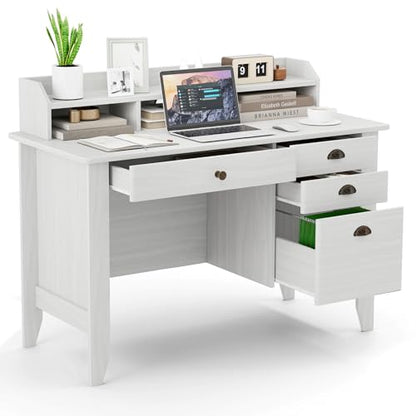 48" Computer Desk with 4 Storage Drawers and Hutch Wood Executive Table for PC Laptop