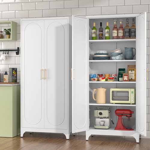 Polup 75" Tall Metal Kitchen Pantry Storage Cabinet with Doors and Shelves | White Freestanding Cupboard, 5-Tier Heavy Duty, 4 Adjustable Shelving, Gold Handles, for Garage, Dining Living Room, Office - color: White, size: 75"H with Zero Drawers