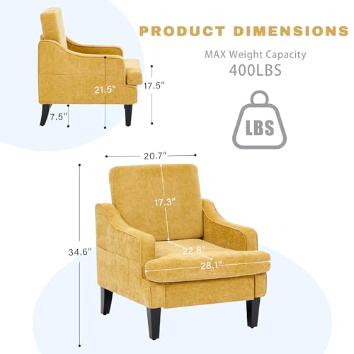 Accent Chair for Living Room,Mid-Century Arm Chair Chenille Fabric Living Room Chairs,Upholstered Reading Chair for Bedroom,Single Sofa Chair with Wood Legs for Apartment (Yellow) - color: Yellow
