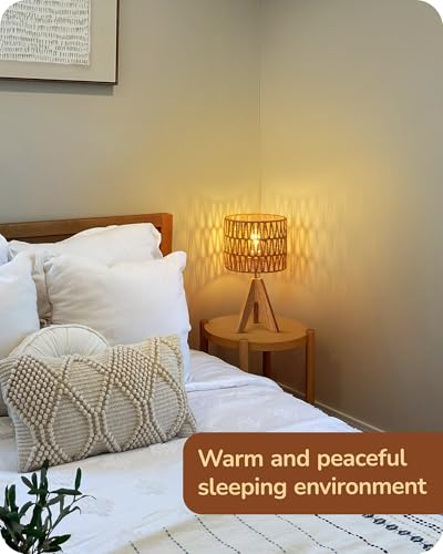 EDISHINE Rattan Small Table Lamp, Boho Nightstand Lamp, 14.2", E26 Base | Natural Style, Wood Tripod Base, Rosewood Color & W-Pattern Shade, Bedside Lamp for Living Room, End Table, Office - color: Rosewood Color&W-pattern Shade