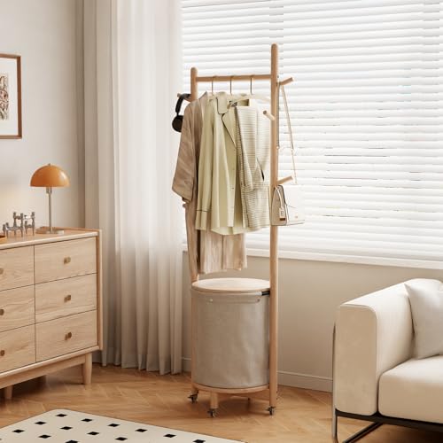 CycleCrew Solid Wood Coat Rack with Fabric Basket - Freestanding Coat Rack Rolling Coat Tree with 9 Hooks Wheels, Small Clothes Rack For Entryway Bedroom Hallway Living Room - color: Natural