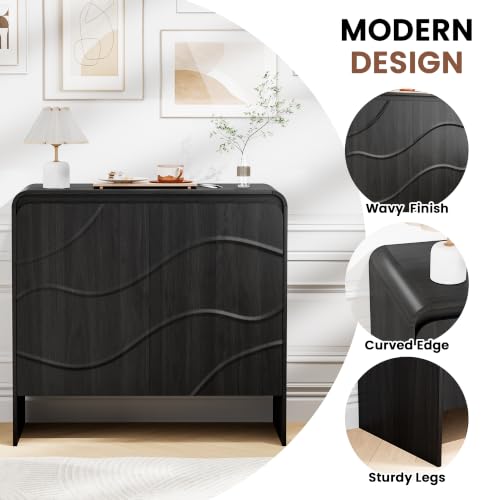 Godchoices 31.5'' Small Sideboard Buffet Cabinet with Storage,Modern Farmhouse Accent Credenza with Wavy Doors & Adjustable Shelf, Console Cabinet for Kitchen,Living Room,Dining Room,Entryway,Hallway - color: Black