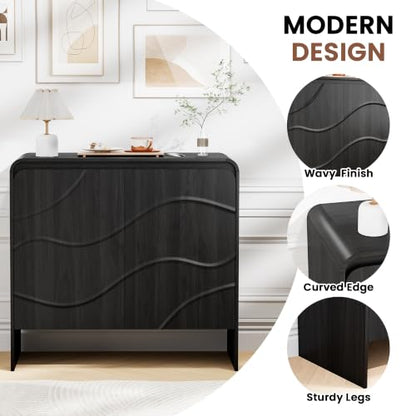 Godchoices 31.5'' Small Sideboard Buffet Cabinet with Storage,Modern Farmhouse Accent Credenza with Wavy Doors & Adjustable Shelf, Console Cabinet for Kitchen,Living Room,Dining Room,Entryway,Hallway - color: Black