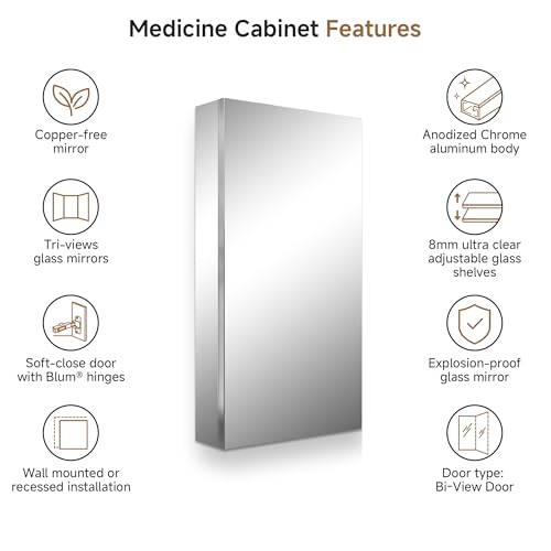 16" x 30" Bathroom Medicine Cabinet with Mirror, Recessed or Wall Mount | Medicine Cabinets with Adjustable Glass Shelves, Soft-Closed Hinge, Chrome Aluminum Frame, Reverse Installation - size: 16" x 30"