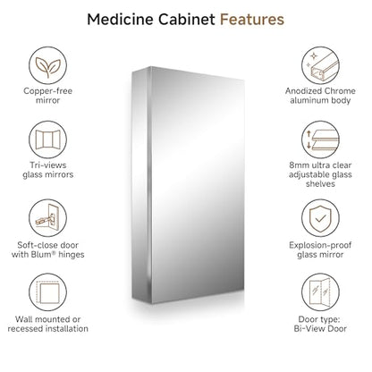 16" x 30" Bathroom Medicine Cabinet with Mirror, Recessed or Wall Mount | Medicine Cabinets with Adjustable Glass Shelves, Soft-Closed Hinge, Chrome Aluminum Frame, Reverse Installation - size: 16" x 30"