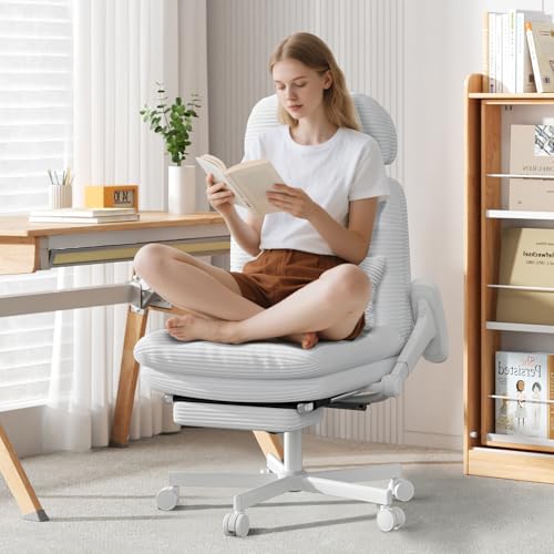 GXJ Criss Cross Legged Office Chair with Flip-up Arms, Footrest, G800 Plus | 6.3" Cushion Relieves Tailbone Pain, Head-Lumbar Support Eases Fatigue, Smooth Rolling Wheels, Corduroy Desk Seating, White - color: White