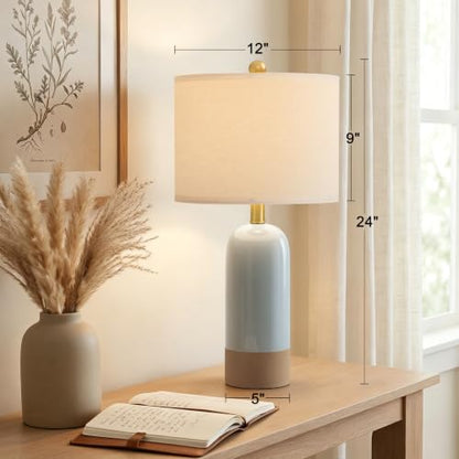 PoKat 24'' Farmhouse Blue Table Lamps Set of 2 for Living Room, Two-Tones | Ceramic Bedside Lamps for Bedroom, Hand-Textured Design, Kiln Variation Glaze, Coastal Lamps for Nightstand, Hallway,Entryway - color: Blue Reactive Glaze