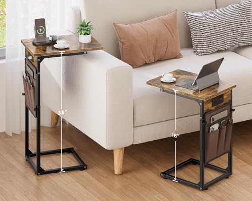 C-Shaped End Tables Set of 2 with Charging Station, 33'' Tall C Table Adjustable Height Side Table, Sofa Table for Couch, Couch Table that Slide Under Sofa, TV Trays for Living Room, Brown - color: 2pc Rustic Brown, style: With Plug