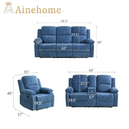 A Ainehome Living Room Furniture Set Recliner Sofa Set Loveseat Chair Furniture Sofa Set for Living Room/Small Space/Rv/House/Office/Theater Seating (A-Blue Microfiber, 3 Piece Set) - color: A-blue Microfiber, size: 3 piece set