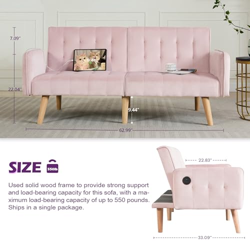 65'' Convertible Futon Sofa Bed with USB, Small Couch for Living Room | Sleeper Sofa and Loveseat, Adjustable Folding Couch with Tufted Design and 2 USB Ports, Bedroom Apartment Office, Pink - color: Pink