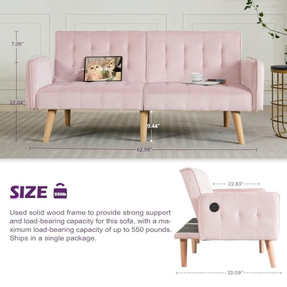 65'' Convertible Futon Sofa Bed with USB, Small Couch for Living Room | Sleeper Sofa and Loveseat, Adjustable Folding Couch with Tufted Design and 2 USB Ports, Bedroom Apartment Office, Pink - color: Pink