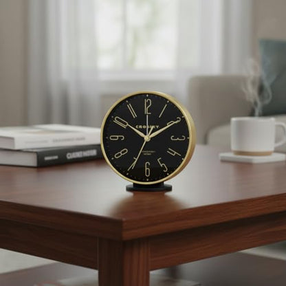 Crosley Modern Art Deco Alarm Clock for Office, Bedroom, or Desk – Analog Non-Ticking Clock with Easy-to-Read Dial, Gold Metal Frame & Black Face (6-Inch) - color: Gold Black