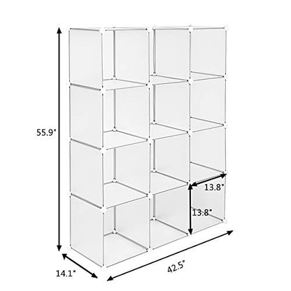 VINGLI Cube Storage, 12 Cubes Organizer Shelves Plastic Book Shelf, DIY Modular Storage Cube Organizer w/Hammer for Bedroom Living Room Office - Translucent White