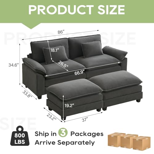 86" Modular Sectional Sofa, Comfy Deep Cloud Couch with Ottoman | Couches for Living Room, Sofa Bed, Modular Couch, Deep and Wide Seat, Velvet Sofa Sleeper with Throw Pillows, Blue Grey - color: Blue Gray, size: 86 Inch 4