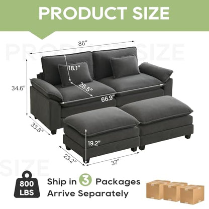 86" Modular Sectional Sofa, Comfy Deep Cloud Couch with Ottoman | Couches for Living Room, Sofa Bed, Modular Couch, Deep and Wide Seat, Velvet Sofa Sleeper with Throw Pillows, Blue Grey - color: Blue Gray, size: 86 Inch 4