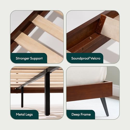 Bme Rhombus Queen Bed Frame – Solid Rubber Wood with Geometric Rhombus Headboard, Walnut Finish, Scandinavian Modern Platform Bed with Sturdy Slats & Metal Legs, No Box Spring Needed - color: Walnut, size: Queen, style: Scandinavian