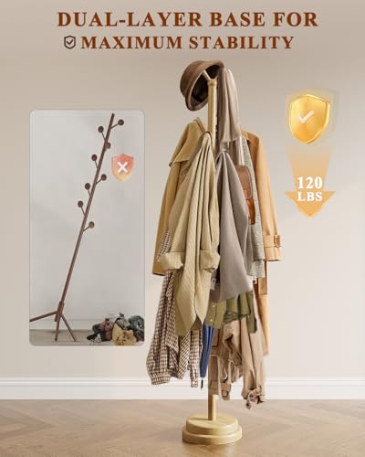 STARSAGA Solid Wood Coat Rack Freestanding Coat Tree with 8 Hooks | Adjustable Height Heavy Duty Coat Rack with Rounded Hooks & Dual-Layer Base, Holds Coats Hats Bags for Entryway, Bedroom - color: Natural
