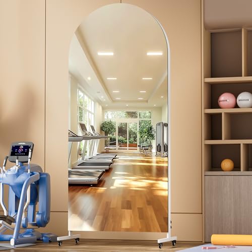 Hasipu 79" x 36" Arched Full Length Mirror on Wheels | HD tempered glass, sturdy aluminum frame, 4 smooth casters with locks, ideal for yoga, dance studio, bedroom & home gym. - size: 79"L x 36"W