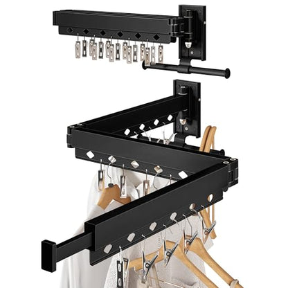 Wall Mounted Collapsible Clothes Drying Rack, Durable Space-Saving Laundry Drying Rack Clothing Hanger, Upgraded with Clips and Windproof Holes - style: Upgrde-Black Rings with Clips