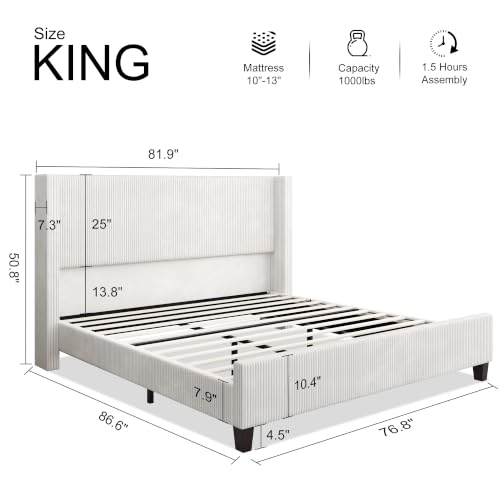King Size Bed Frame with 50.8 Inch Corduroy Wingback Headboard, White | Modern Upholstered Platform Bed, 50.8 Inch Tall Profile, Solid Wood Slats, No Box Spring Needed, Noise-Reducing Designrt - color: White, size: King