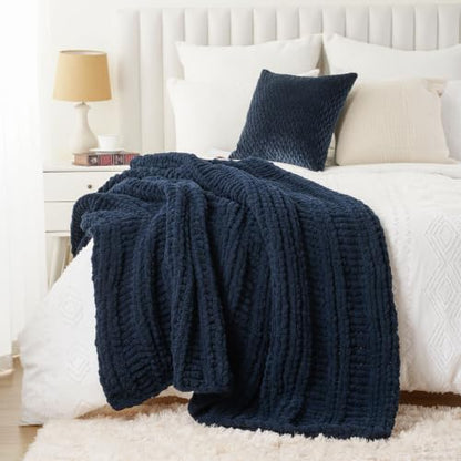 Battilo Chunky Knit Throw Blanket for Couch, 50"x60", Navy Blue | Hand Knit, Gift Blanket, Cozy Warm Thick Soft Chenille Throw Blanket for Bed, Sofa, Chair, Living Room - color: Navy