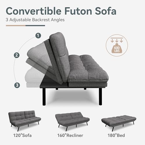 Futon Sofa Bed Convertible Couch, Grey Linen Sofa Bed | Adjustable Backrest & Armrests, Multifunctional Small Loveseat Sleeper Sofa for Living Room, Apartment, Office, Foam Couch - color: A2 | Light Grey