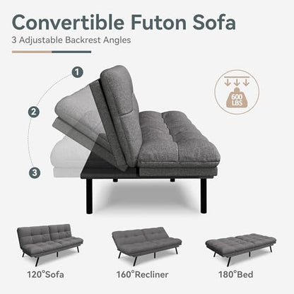 Futon Sofa Bed Convertible Couch, Grey Linen Sofa Bed | Adjustable Backrest & Armrests, Multifunctional Small Loveseat Sleeper Sofa for Living Room, Apartment, Office, Foam Couch - color: A2 | Light Grey
