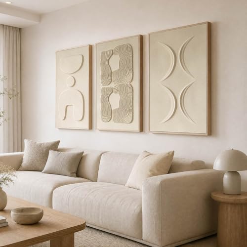 Thalasse Abstract Wall Art Large Framed 3D Sandstone 24x36 In | Wabi Sabi relief panels, solid wood frame, minimalist living room hallway entryway decor, 3 piece set - color: Sand Beige - Natural Sand Oak Frame, size: 24" x 36" (Set of 3)
