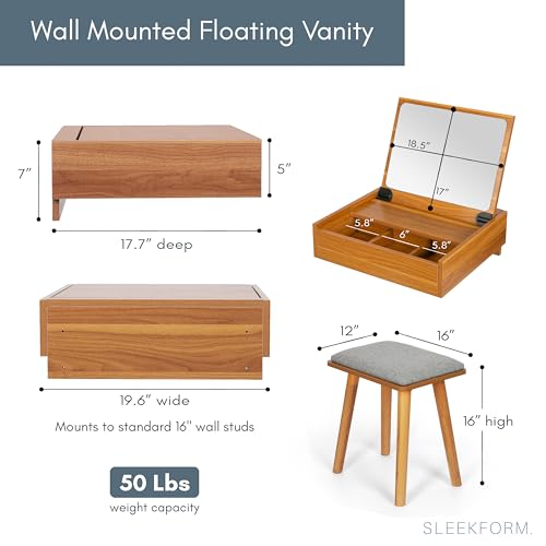 Small Vanity Desk with Mirror & Chair, 18 x 20 Inch, Wall Mounted | Floating Makeup Table, For Small Spaces, Flip Up Top, Bedroom Vanity