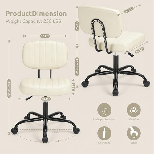 Swivel Rolling Office Chair, Armless Pu Leather Vanity Chair with Back Lumbar Support Height Adjustable Computer Chair, Small Desk Chair for Home Office, Beige White - color: Beige White