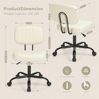 Swivel Rolling Office Chair, Armless Pu Leather Vanity Chair with Back Lumbar Support Height Adjustable Computer Chair, Small Desk Chair for Home Office, Beige White - color: Beige White
