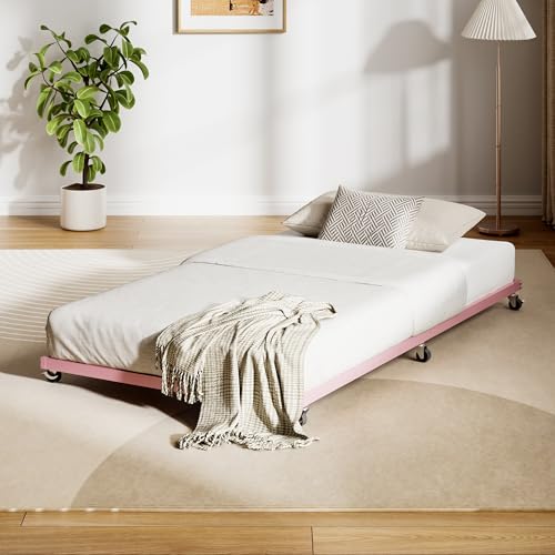 IDEALHOUSE Twin Size Metal Roll Out Trundle Bed Frame with Wheels and Slats Support, Pink | Pull-Out Trundle, Space-Saving, Metal Frame, Living Room, Bedroom, Apartment - color: Modern Pink, size: Twin Roll-Out Trundle