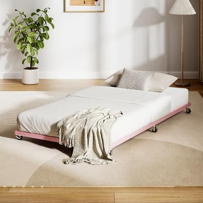 IDEALHOUSE Twin Size Metal Roll Out Trundle Bed Frame with Wheels and Slats Support, Pink | Pull-Out Trundle, Space-Saving, Metal Frame, Living Room, Bedroom, Apartment - color: Modern Pink, size: Twin Roll-Out Trundle