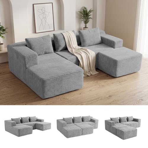 Modular Boneless U-Shaped Couches for Living Room with Side Pockets | Modern Sectional Boneless Corduroy Fluffy Couch Sofa with Deep Seat and Non-Slip Base, No Assembly, Light Grey - color: Light Grey, size: U-Shaped