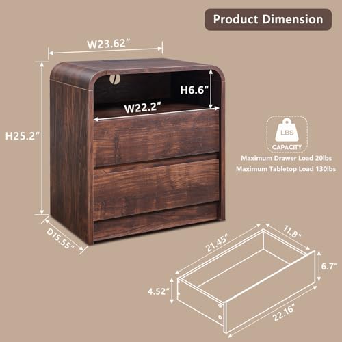 Aitjunz 25" Tall Modern Nightstand with Charging Station, 23.6'' Wide Wood Bedside Table w/2 Storage Drawers, Large Mid Century End Table for Bedroom, Living Room, Curved Profile Design, Brown - color: Brown, size: 1 Piece