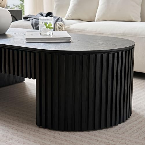 51.18'' Oval Wood Coffee Table with Drawer, Centre Table Tea Table Fluted Coffee Table Mid Century Modern Coffee Table Round Coffee Table Unique Coffee Table for Living Room Apartment-Black - color: Black, size: 51.18"x23.62"x14.56"