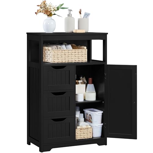 Yaheetech Small Freestanding Bathroom Storage Cabinet with 3 Drawers, Black | Slim Floor Cabinet Organizer for Bathroom, Living Room or Entryway, Beadboard Fronts, an Open Cubby, Adjustable MDF Shelf - color: Black, size: 12"D x 22"W x 34"H
