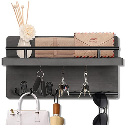 Wooden Key Holder Wall Mount With 5 Hooks For Entryway, Mudroom, Hallway | 2-Tier Design, Supports Up To 20 Lbs, Key Holder with Sturdy Black Metal Rail for Mail Plant Wallet Coat, Homeowners Renters - color: Gray