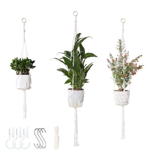 3 Pack Macrame Plant Hanger Indoor, 35 41 47 Inch Handmade Boho Hanging Planter Basket with Screw Hooks S-Hooks and Extension Rope for Indoor Plants Home Decor (POTS NOT Included) (White) - color: 1white