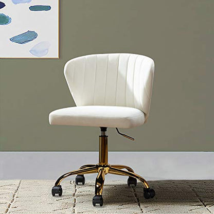 TINA'S HOME Office Desk Chairs with Wheels & Gold Base, Modern Velvet Cute Armless Office Chair, Adjustable Low Back Swivel Rolling Chair, Upholstered Task Chair for Living Room Vanity Study-Ivory | Modern Velvet Cute Armless Office Chair, Adjustable Low