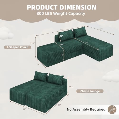 Boneless Sectional Couch, 4 in 1 Convertible Cloud Couch with Reversible Chaise & Deep Seat, Modular Sectional Sofa for Apartment, No Assembly Corduroy Foam Couch in a Box, Green - color: Green, size: 89" Convertible Chaise Corduroy