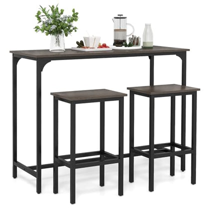 COSTWAY 3-Piece Dining Table Set, 47.5" Industrial Counter-Height Kitchen Table and 2 Bar Stools, High Top Rectangular Pub Table and Chairs for Dining Room Small Place Breakfast Nook Bistro (Grey) | w/ 2 Bar Stools, High Top Rectangular Pub Table and Chai
