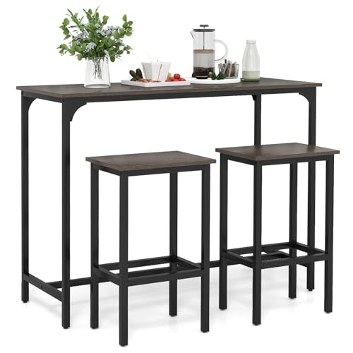 COSTWAY 3-Piece Dining Table Set, 47.5" Industrial Counter-Height Kitchen Table and 2 Bar Stools, High Top Rectangular Pub Table and Chairs for Dining Room Small Place Breakfast Nook Bistro (Grey) | w/ 2 Bar Stools, High Top Rectangular Pub Table and Chai