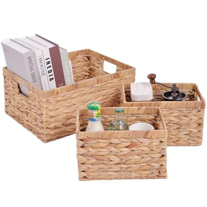 Set of 3 Water Hyacinth Storage Basket Rattan Woven Shelf Organizing with Built-in Handles 3-Pack Nesting Wicker Bathroom Accessories Pantry Storage