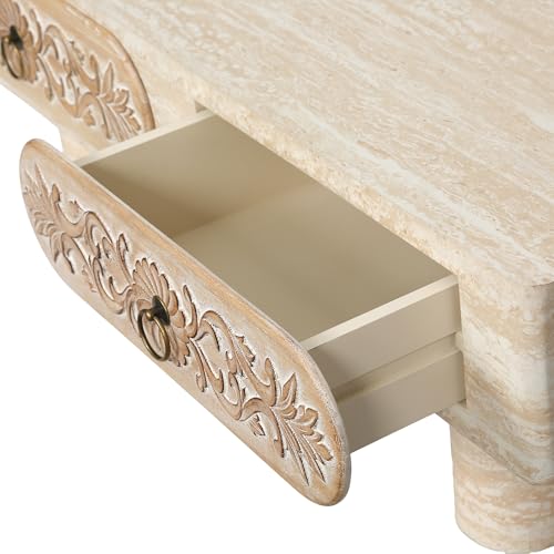 39.4" Rounded Edge Coffee Table with Flower Pattern Solid Wood Drawer for Living Room, Rectangular MDF Wooden Center Table Tea Table for Apartment, Beige - color: 39.4" Rounded Edge Coffee Table With Flower Pattern,beige