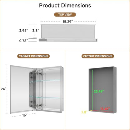 16" x 24" Bathroom Medicine Cabinet with Mirror, Recessed or Wall Mount | Medicine Cabinets with Adjustable Glass Shelves, Soft-Closed Hinge, Chrome Aluminum Frame, Reverse Installation - size: 16" x 24"