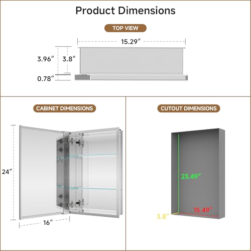 16" x 24" Bathroom Medicine Cabinet with Mirror, Recessed or Wall Mount | Medicine Cabinets with Adjustable Glass Shelves, Soft-Closed Hinge, Chrome Aluminum Frame, Reverse Installation - size: 16" x 24"