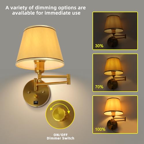 Plug-in Wall Sconce Swing Arm 1-Light Wall Mount Lamp with USB Charging Port Wall Sconce Lighting with Dimmable On Off Switch Gold Fabric Shade Brass Wall Lamp Light Fixture - color: Gold